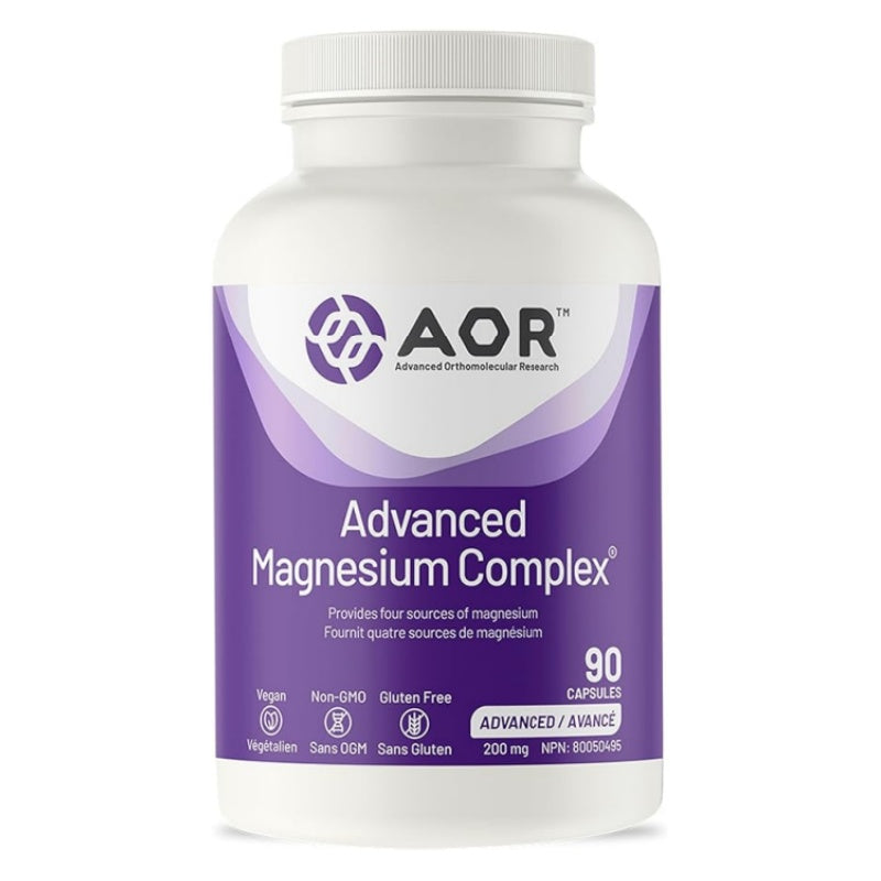 A white plastic bottle of AOR Advanced Magnesium Complex with a purple and white label, containing 90 capsules, on a plain white background. nitvd.com Canada