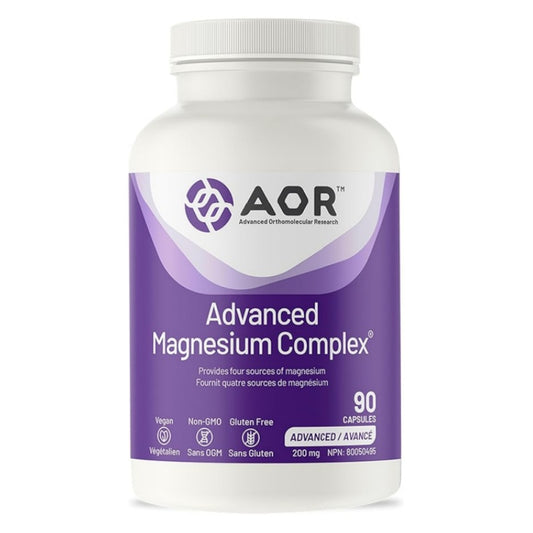A white plastic bottle of AOR Advanced Magnesium Complex with a purple and white label, containing 90 capsules, on a plain white background. nitvd.com Canada