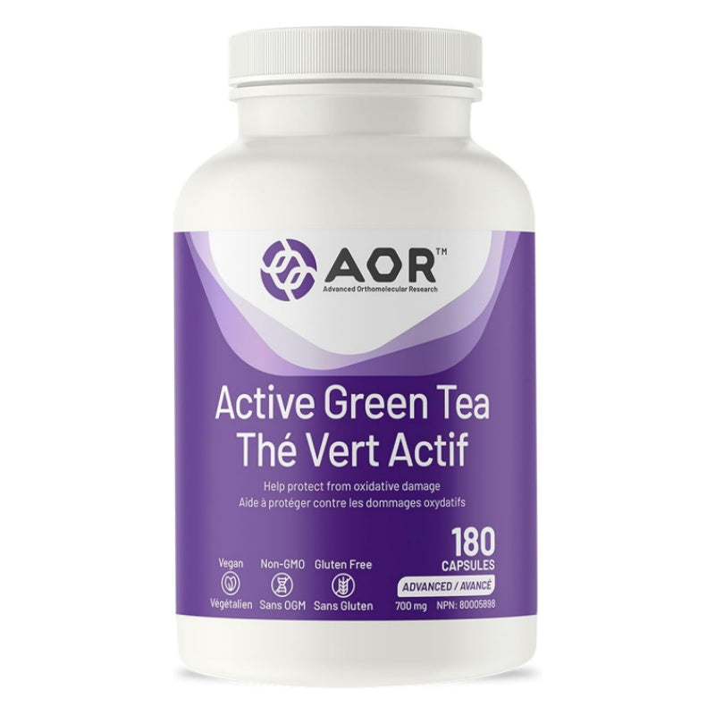 A white plastic bottle of AOR Advanced Omnipotent Research Active Green Tea supplement with a purple label, shown on a plain white background. nitvd.com Canada