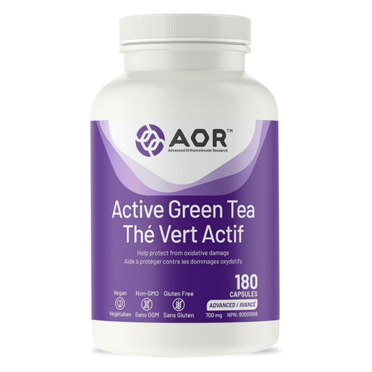 A white plastic bottle of AOR Advanced Omnipotent Research Active Green Tea supplement with a purple label, shown on a plain white background. nitvd.com Canada