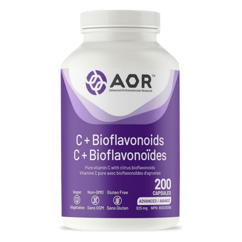 A white plastic bottle of AOR C + Bioflavonoids dietary supplement with a purple and white label, containing 200 capsules. nitvd.com Canada