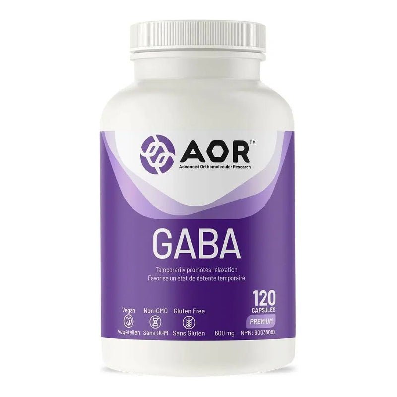 A white plastic bottle of AOR GABA dietary supplement capsules with a white cap and a purple label, shown on a plain white background. nitvd.com Canada