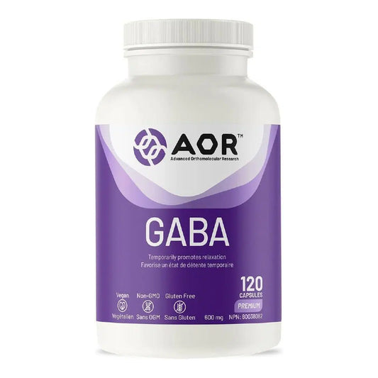 A white plastic bottle of AOR GABA dietary supplement capsules with a white cap and a purple label, shown on a plain white background. nitvd.com Canada