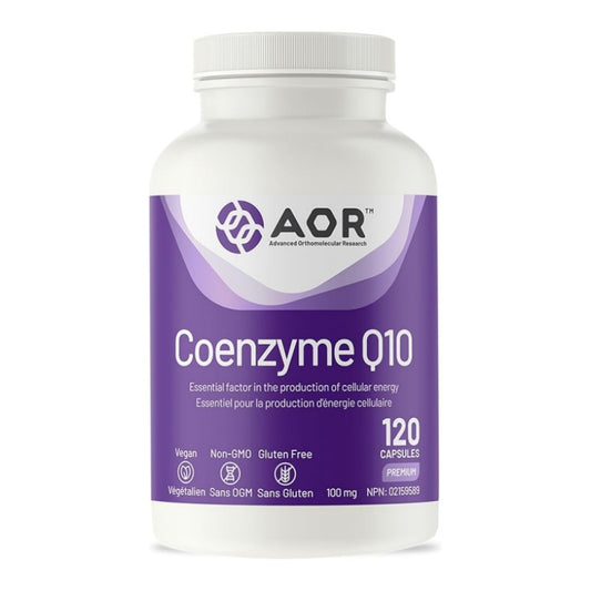 A white plastic bottle of AOR Coenzyme Q10 dietary supplement with a purple and white label, containing 120 capsules. nitvd.com Canada