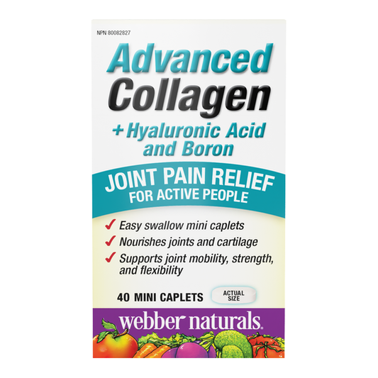 Box of Advanced Collagen with Hyaluronic Acid and Boron for joint pain relief, featuring Webber Naturals branding.