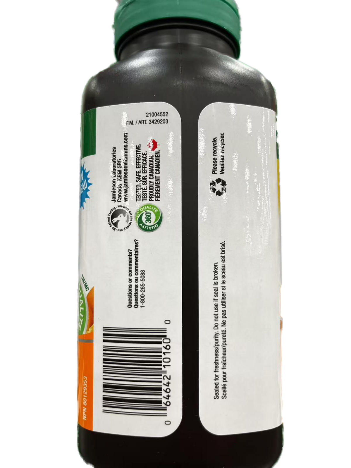 jamieson Vitamin C + Zinc 600 mg Bottle with a label on a white background