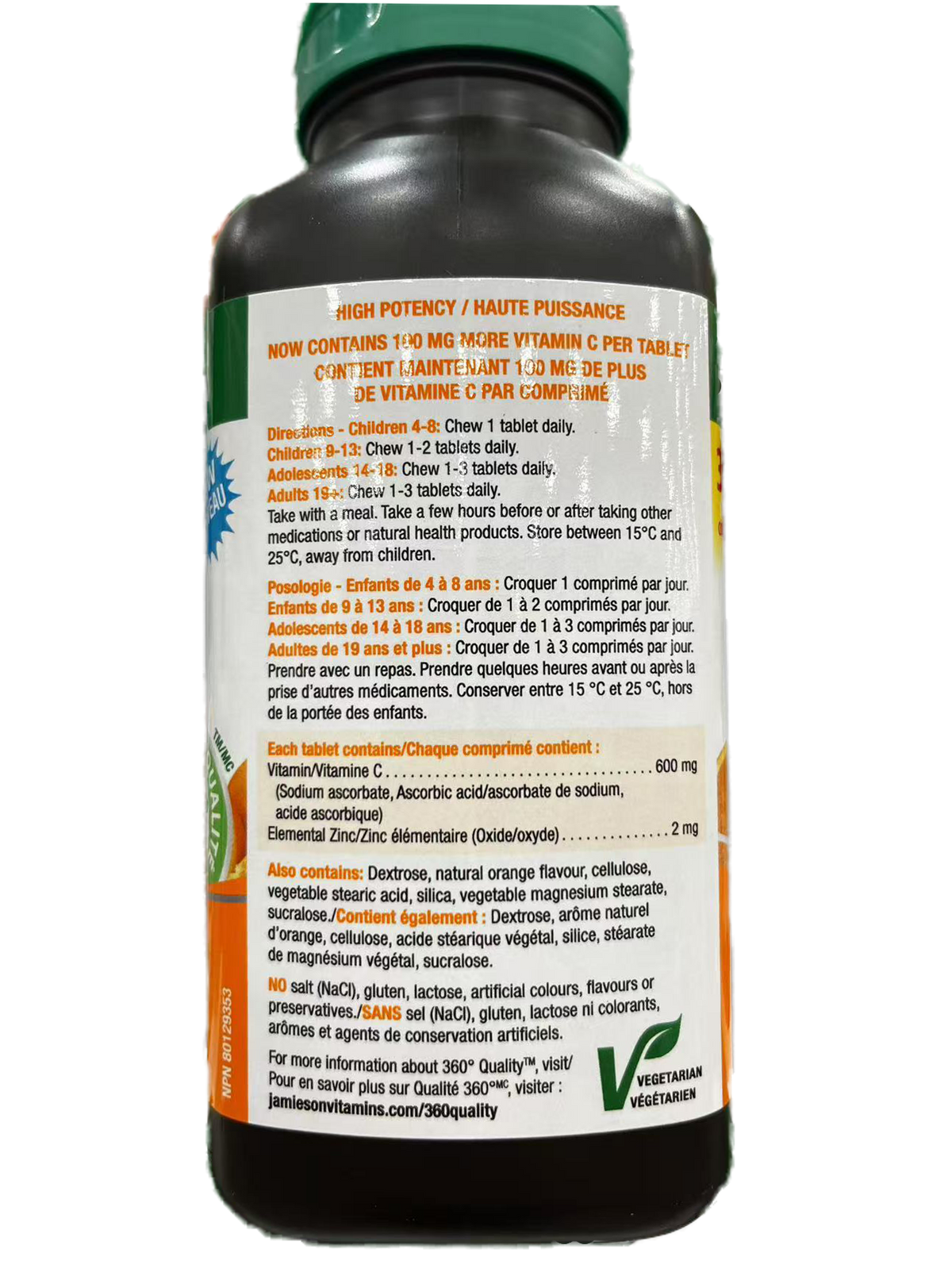 Vitamin supplement bottle with label instructions on a white background