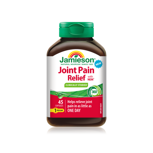 Bottle of Jamieson Joint Pain Relief capsules on a white background Canadian label natvd