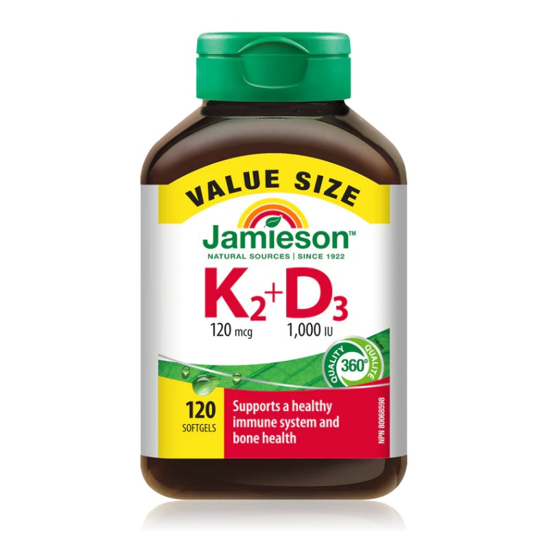 Jamieson K2+D3 120 softgels supplement bottle on a white background Canadian label natvd