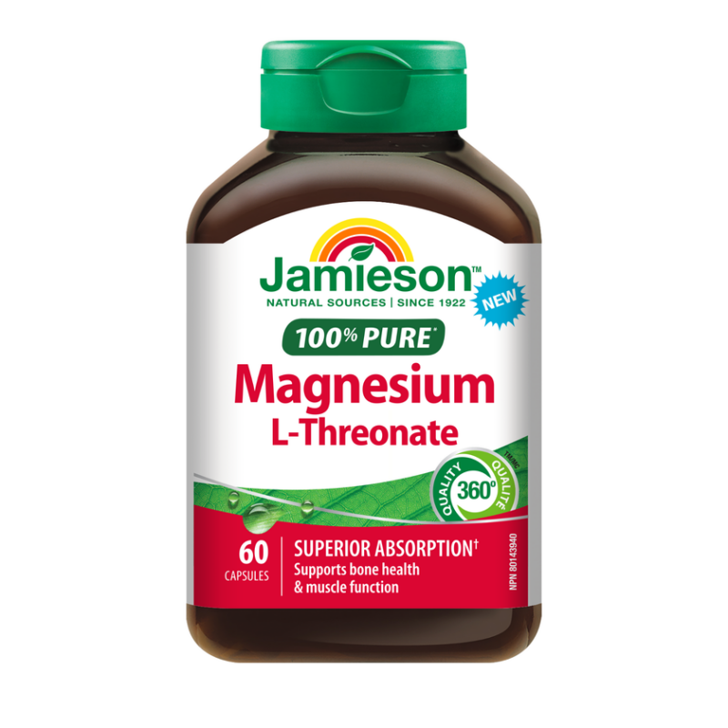 Bottle of Jamieson Magnesium L-Threonate capsules on a white background Canadian label natvd