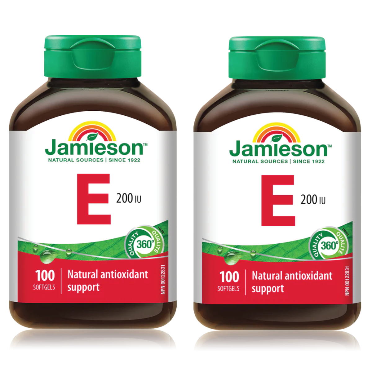 Two bottles of Jamieson Vitamin E supplements on a white background