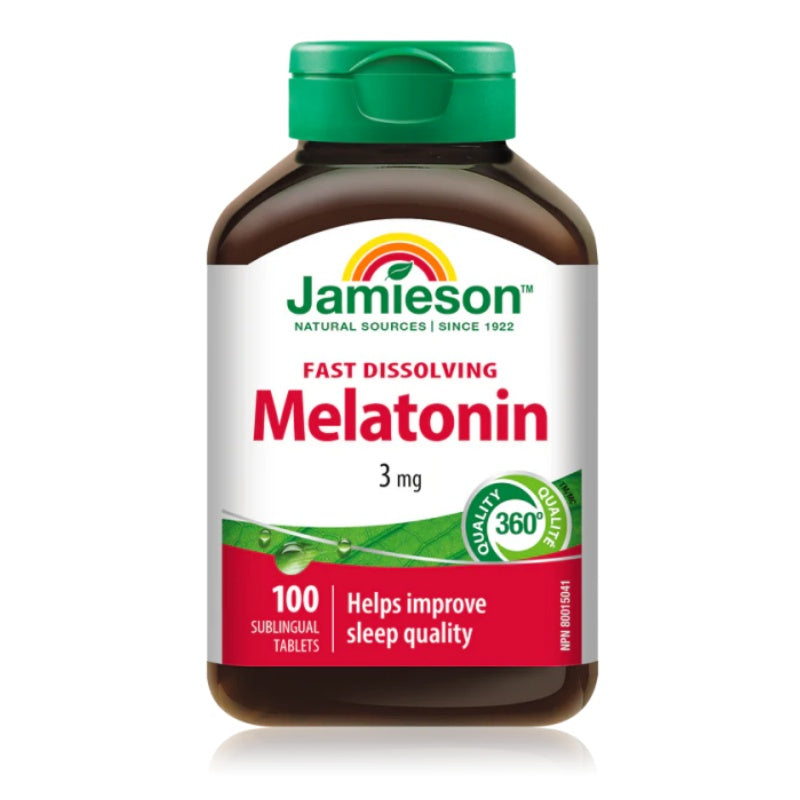 Bottle of Jamieson Melatonin tablets on a white background 褪黑激素