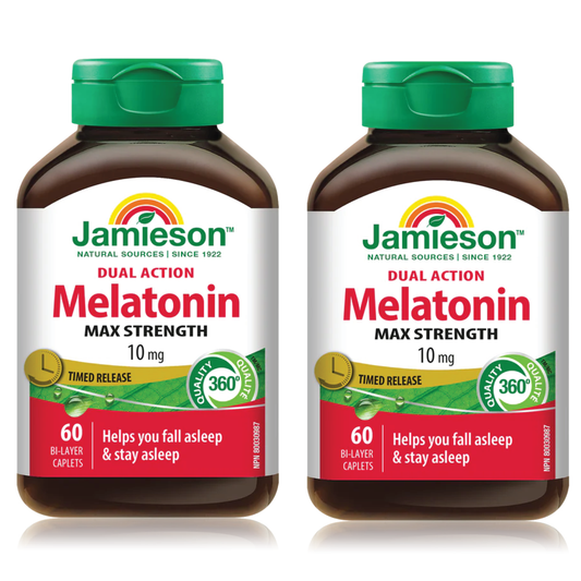Two bottles of Jamieson Dual Action Melatonin Max Strength on a white background 褪黑激素10mg