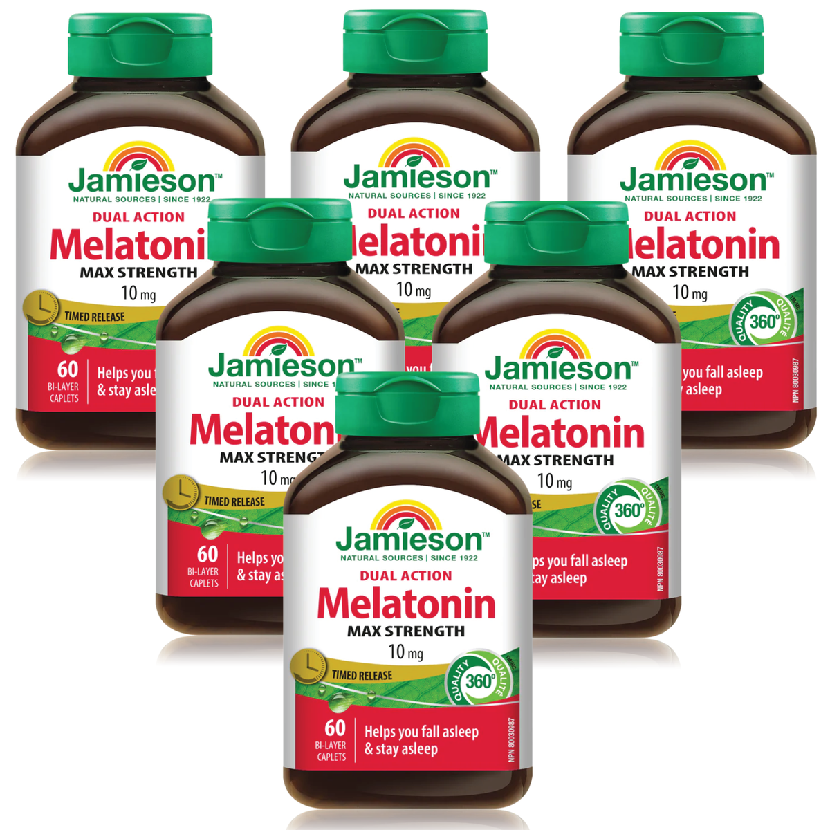 Multiple bottles of Jamieson Melatonin Max Strength supplement on a white background 褪黑激素 Canada label