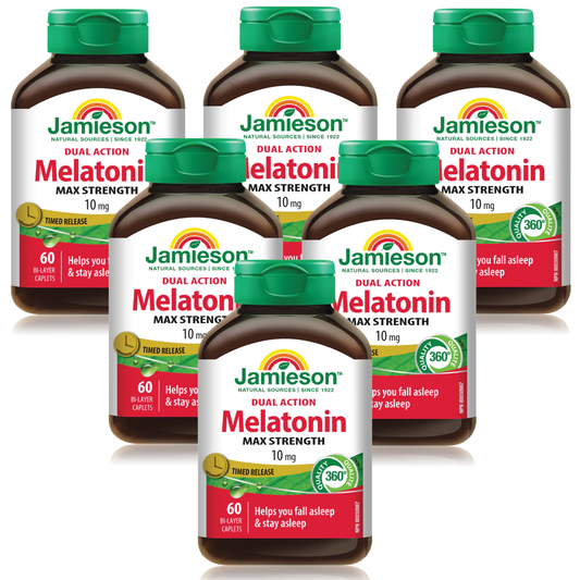 Multiple bottles of Jamieson Melatonin Max Strength supplement on a white background 褪黑激素 Canada label