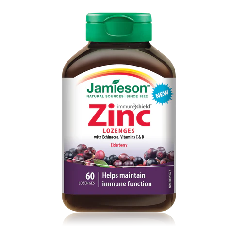 Bottle of Jamieson Zinc lozenges with a green lid on a white background nitvd.com Natural Vitamin Direct Inc