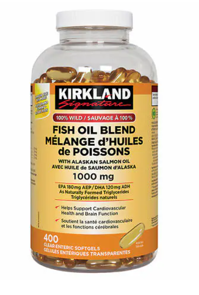 Kirkland Signature Fish Oil Blend with Wild Alaskan Salmon Oil 1000 mg, 180 EPA/ 120 DHA, 400 softgels bottle Canadian label version  加拿大魚油