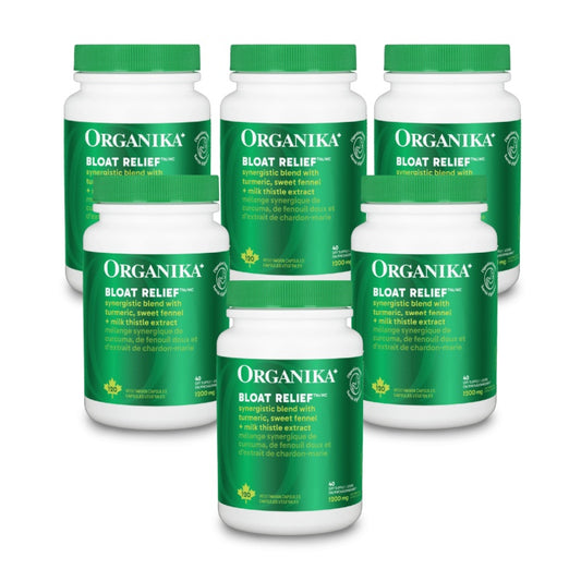 6x Organika Bloat Relief,  Powerful herbal blend to decrease bloating and gas 120 Vcaps Bundle
