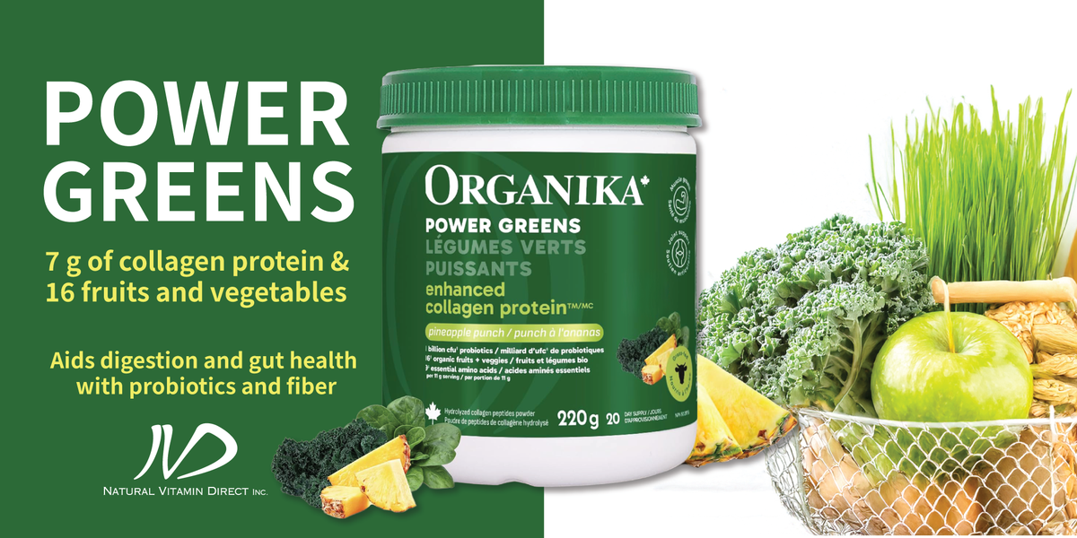 Organika Power Greens collagen supplement container shown on a white and green promotional background with broccoli, pineapple, an apple, and other vegetables around it. 220 g nitvd.com