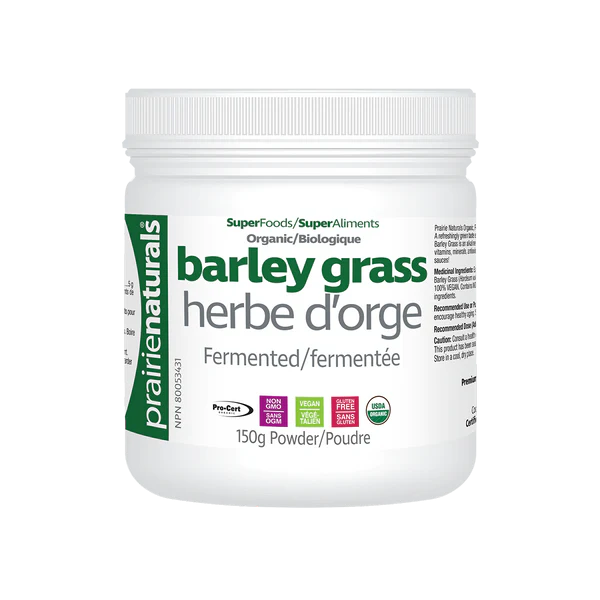Jar of Prairie Naturals barley grass powder on a white background Canada nitvd.com