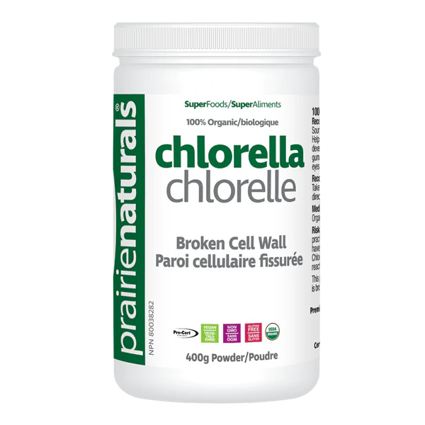 Prairie Naturals chlorella powder container on a white background sold online nitvd.com Natural Vitamin Direct Inc Canada