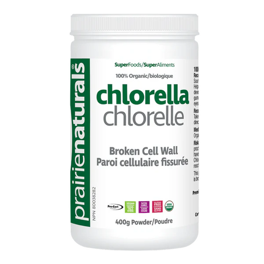 Prairie Naturals chlorella powder container on a white background sold online nitvd.com Natural Vitamin Direct Inc Canada
