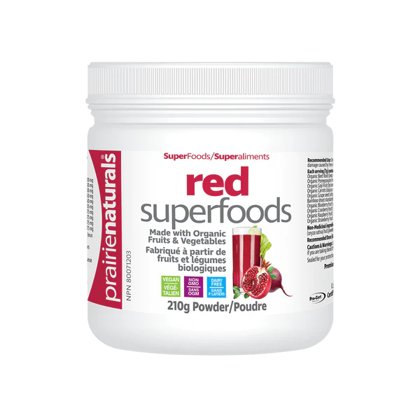 Prairie Naturals Red Superfoods powder container on a white background nitvd.com