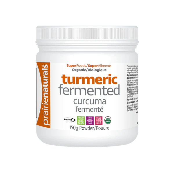 Jar of prairie naturals turmeric fermented curcuma powder on a white background Natural Vitamin Direct Inc nitvd.com