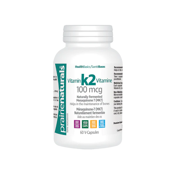 Bottle of Prairie Naturals Vitamin K2 100mcg 60 v capsule sold online at nitvd.com