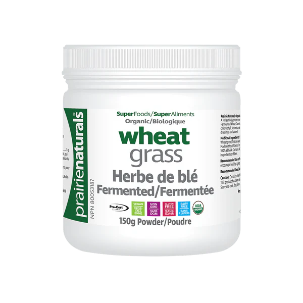 Prairie Naturals wheat grass powder on a white background nitvd.com