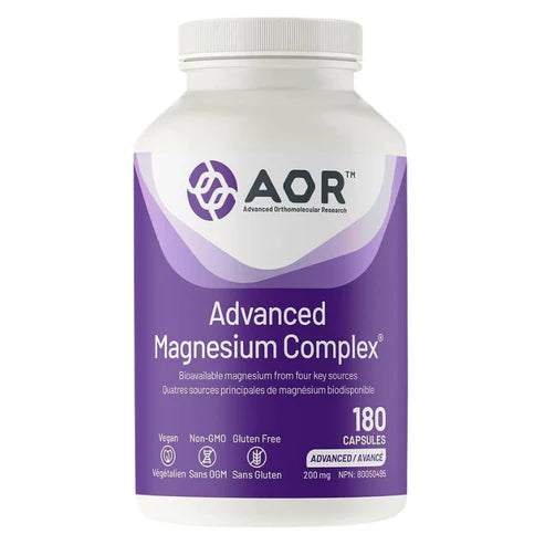 A white plastic bottle of AOR Advanced Magnesium Complex with a white cap and a purple label, containing 180 capsules. Canadian label available online nitvd.com