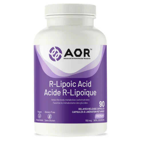 A white plastic bottle of AOR R-Lipoic Acid capsules with a white and purple label, shown on a clean white background. Canadian label available online nitvd.com