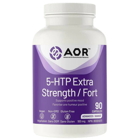 A white plastic bottle of AOR 5-HTP Extra Strength / Fort dietary supplement with a purple label, containing 90 capsules. Canadian label available online nitvd.com