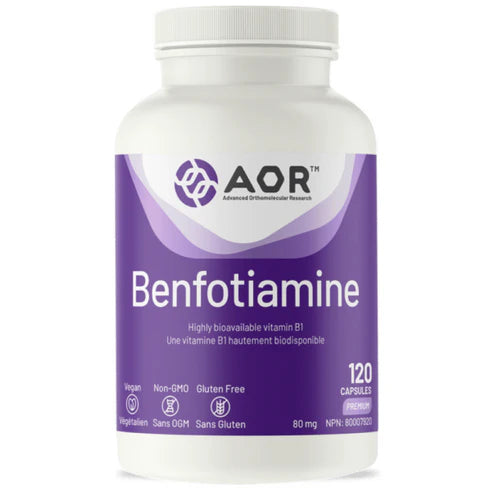 A white plastic bottle of AOR Benfotiamine capsules with a white and purple label, set against a plain white background. Canadian label available online nitvd.com