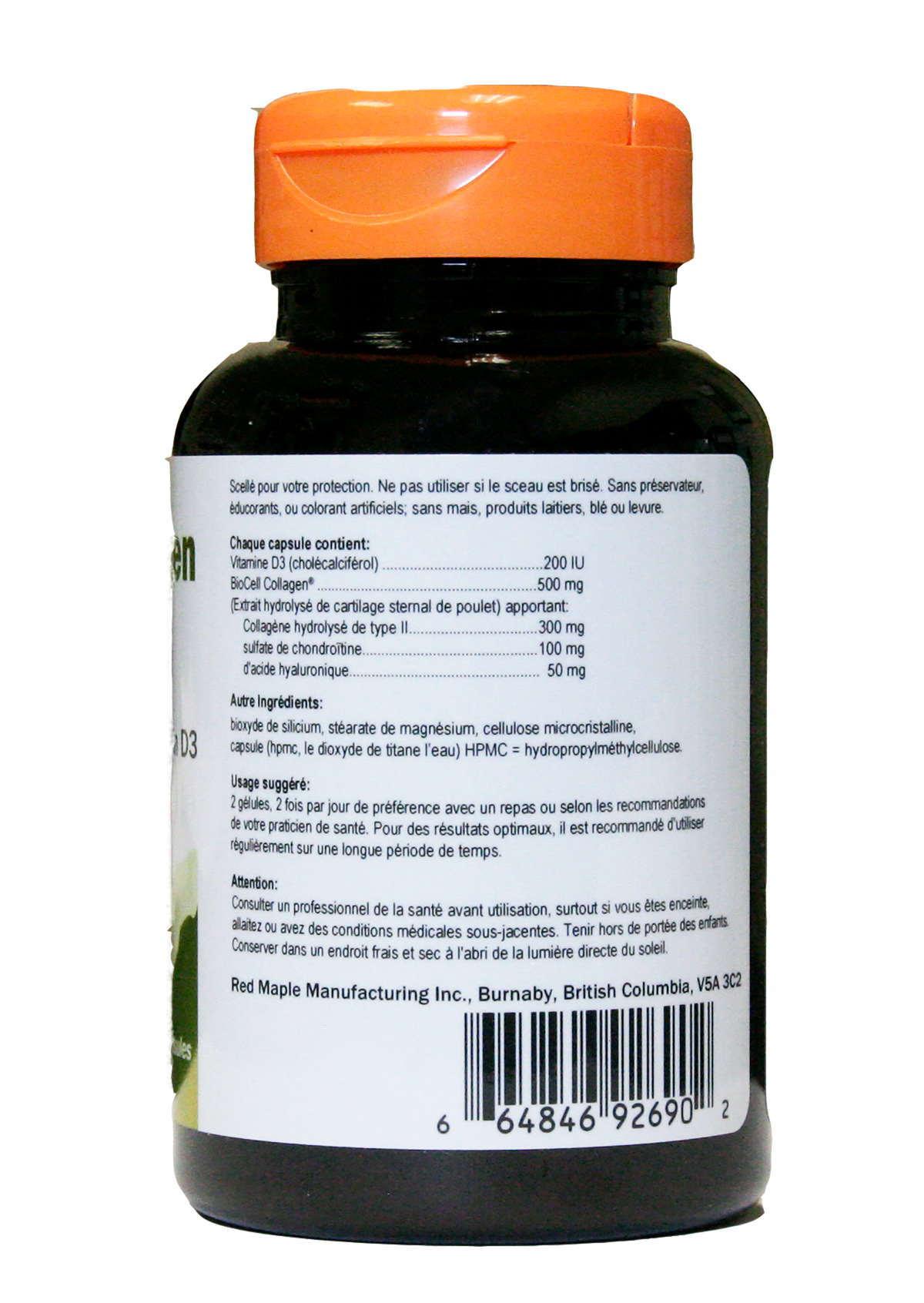 Red Maple Naturals BioCell Joint Collagen 500mg +D3, 60 capsules French side panel Canada