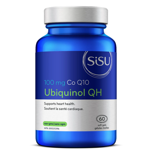 Blue supplement bottle labeled 'SISU Ubiquinol QH' on a white background