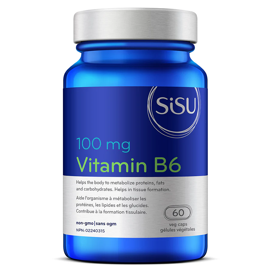 Blue Sisu Vitamin B6 supplement bottle on a white background nitvd.com Natural Vitamin Direct Inc