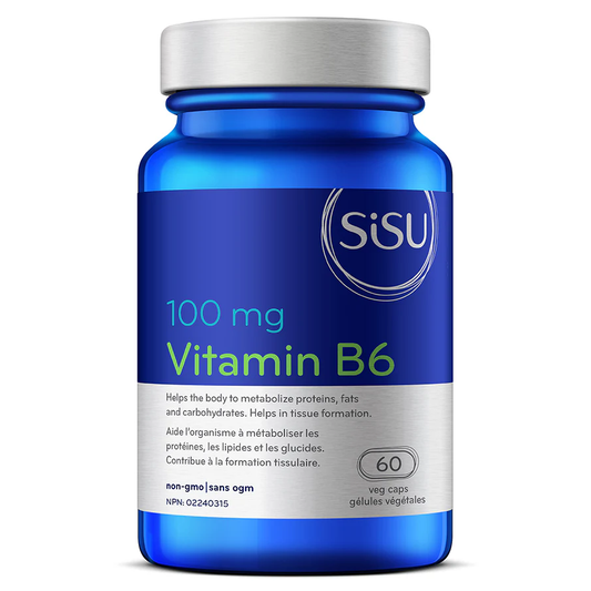 Blue Sisu Vitamin B6 supplement bottle on a white background nitvd.com Natural Vitamin Direct Inc