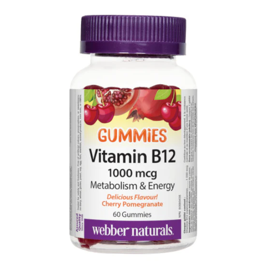 Bottle of Webber Naturals Vitamin B12 gummies on a white background sold online by nitvd.com