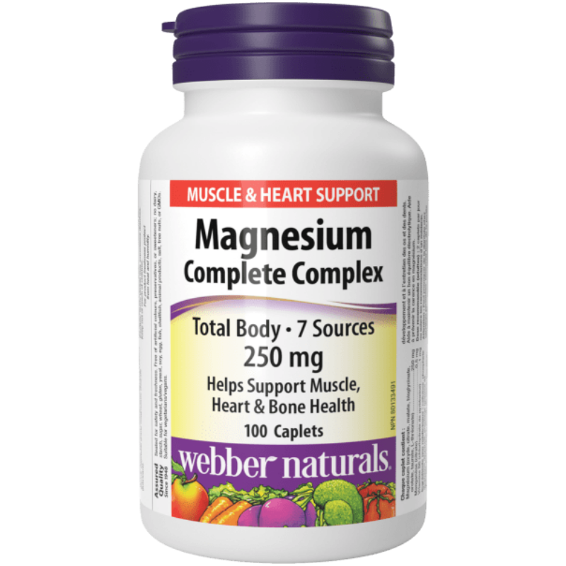 Bottle of Webber Naturals Magnesium Complete Complex supplement on a white background Canadian label