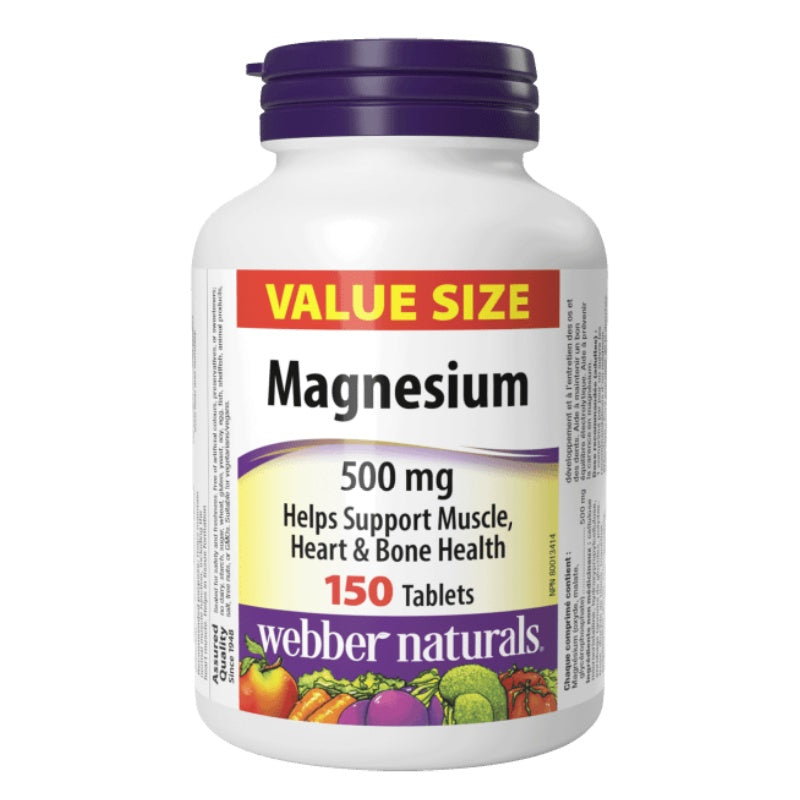 Bottle of Webber Naturals magnesium 500 mg supplements on a white background Canadian label