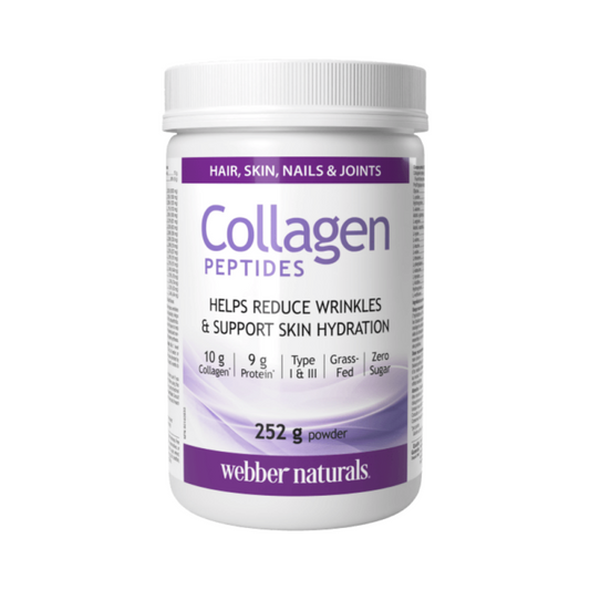 Container of Webber Naturals Collagen Peptides on a white background Canadian label