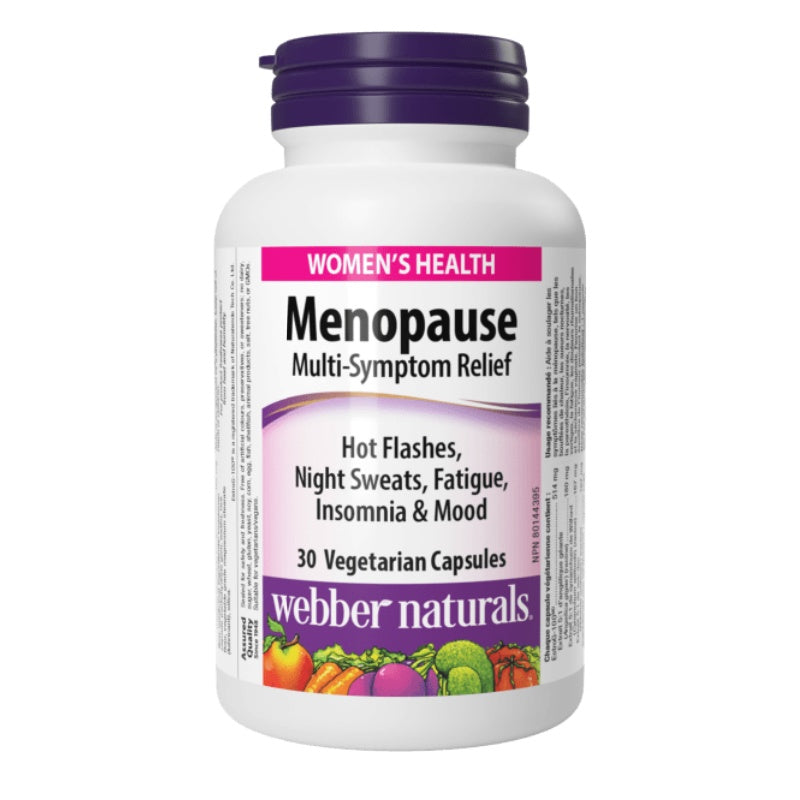 Bottle of Webber Naturals Women's Health Menopause Multi-Symptom Relief capsules on a white background Canadian label Natural Vitamin Direct Inc