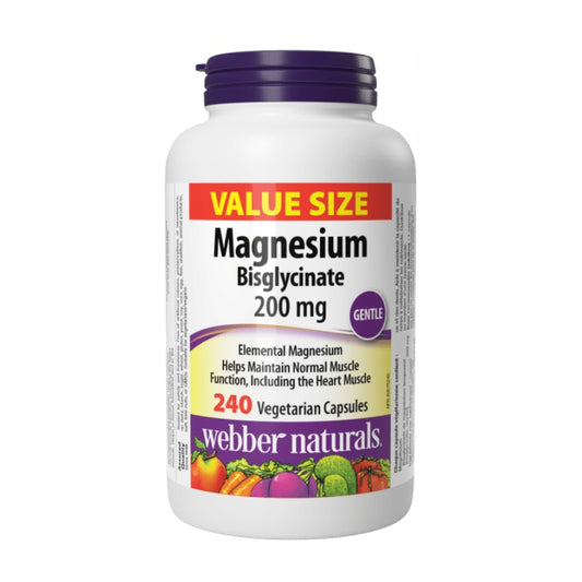 Bottle of Webber Naturals Magnesium Bisglycinate supplement on a white background Canadian label