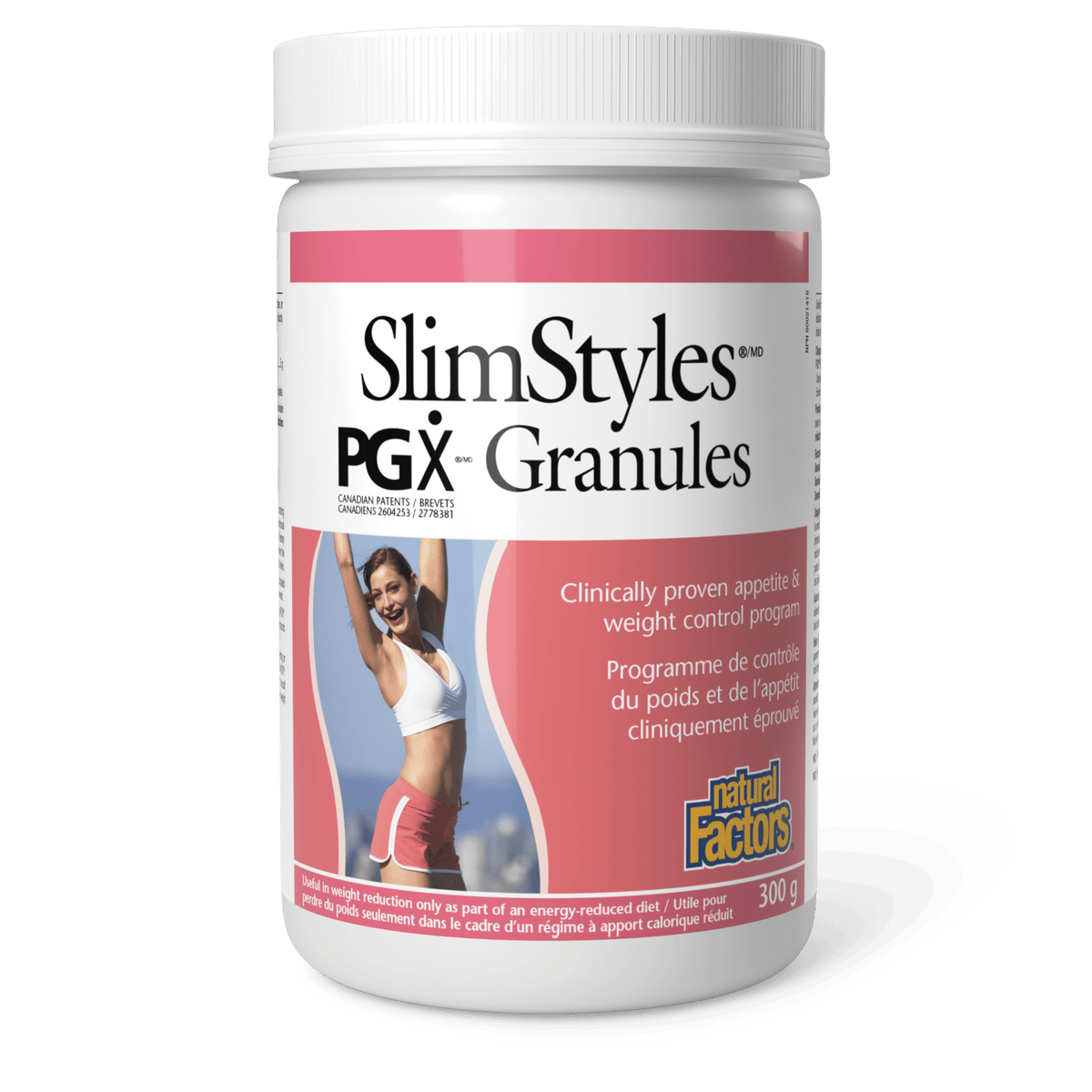 Container of Natural Factors SlimStyles PGX Granules, 300g, with a pink and white label, featuring an image of a woman exercising.