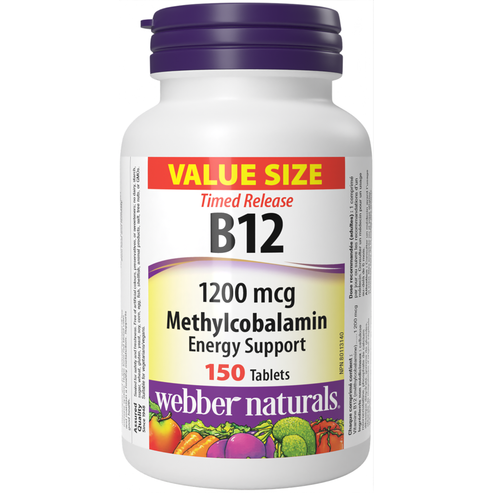 A bottle of Webber Naturals Vitamin B12 Methylcobalamin 1200 mcg Timed Release with 150 tablets, value size.