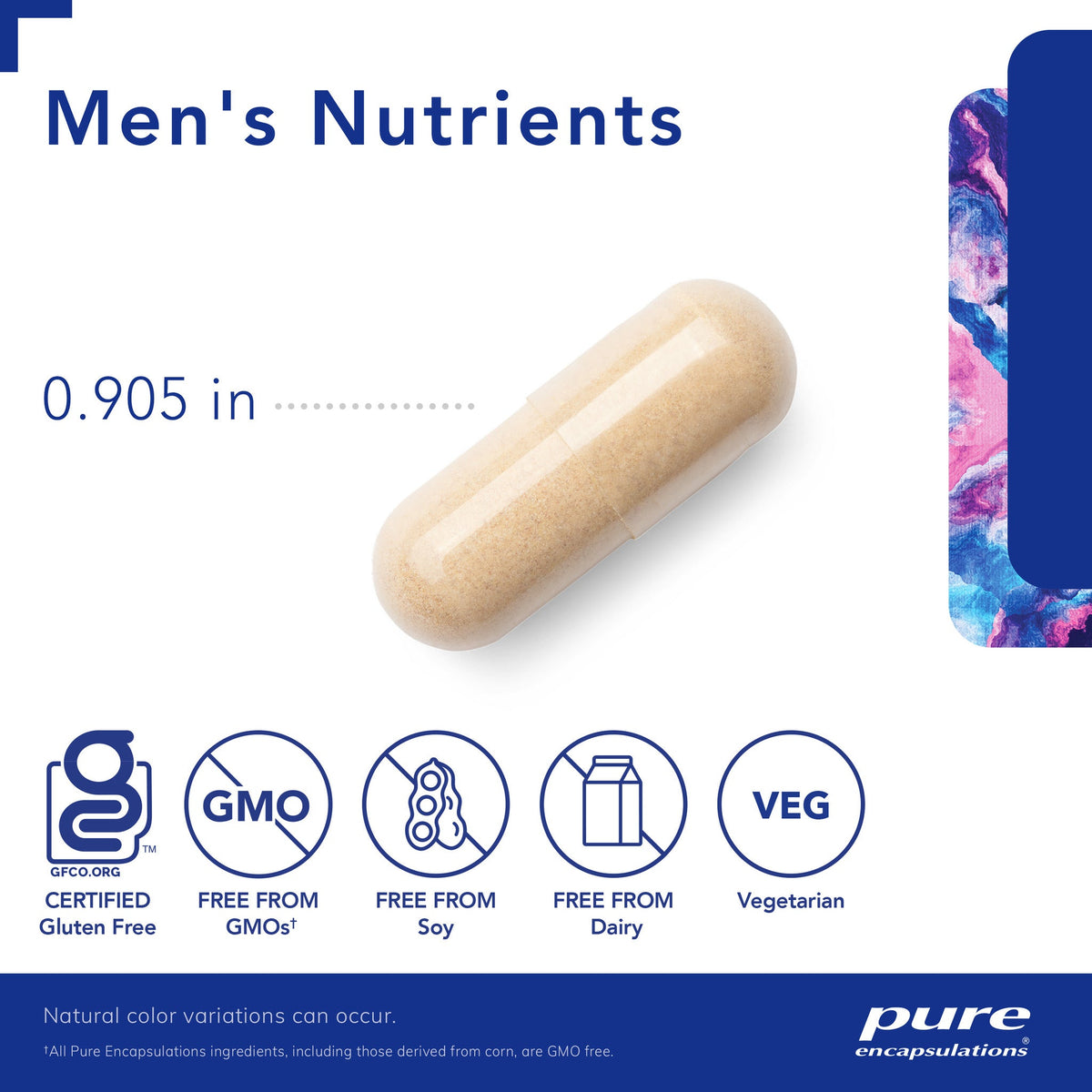Men's nutrients supplement capsule with certification logos on a white  Pure encapsulations background