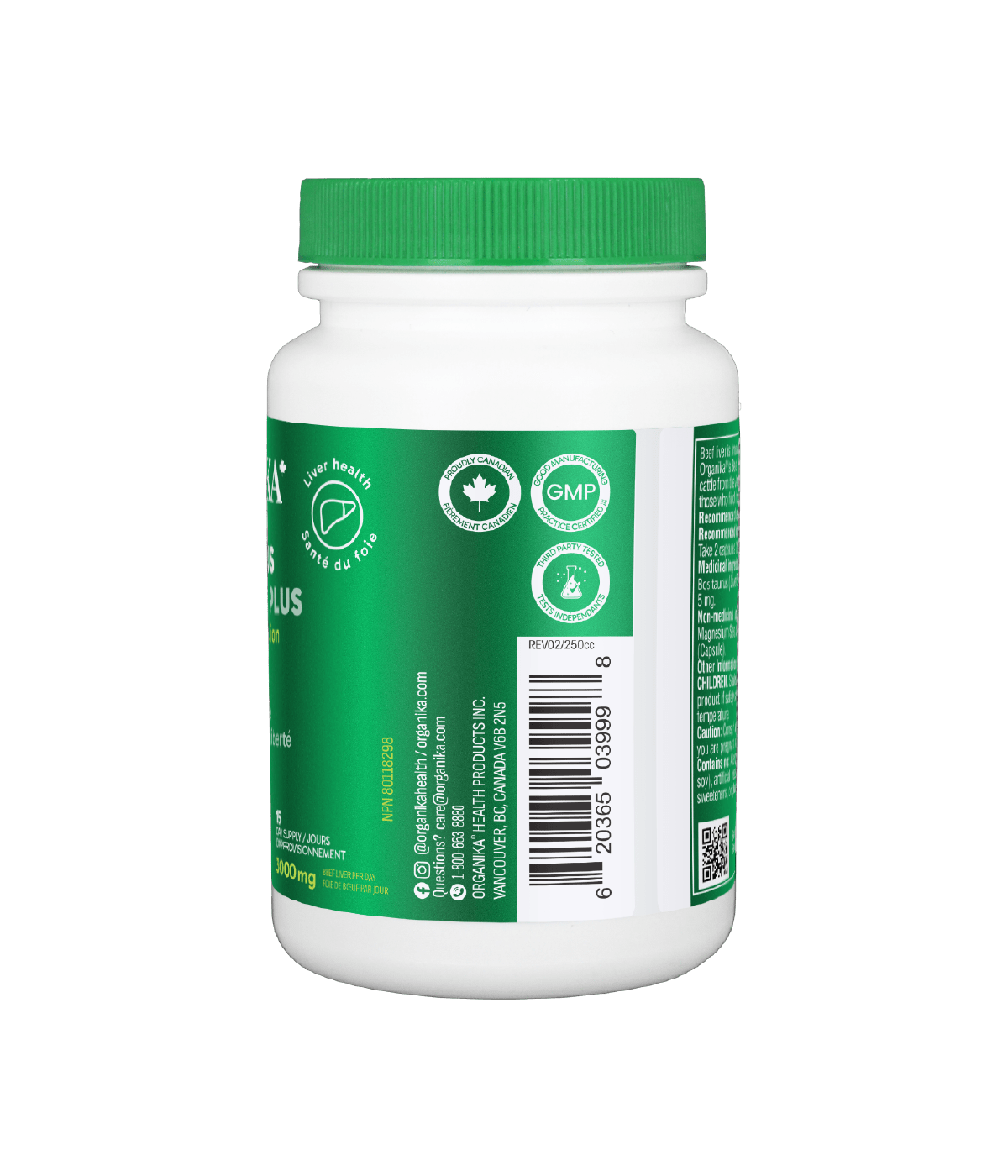 Organika Beef Liver Plus 90 capsules Canadian label version sold online nitvd.com barcode 2036503999