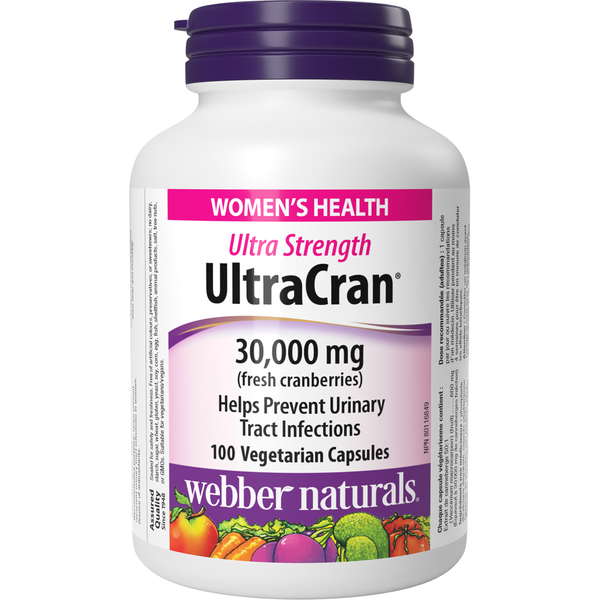 Supplement bottle labeled 'UltraCran' 30,000 mg by Webber Naturals on a white background natvd Canadian label