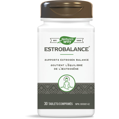 Nature's Way EstroBalance supplement bottle with 30 tabs, predominantly green and white label with natural imagery.